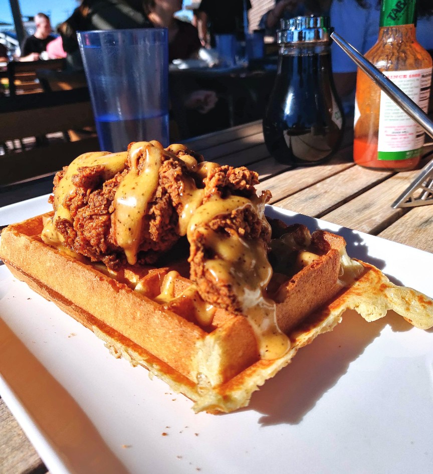 chicken and waffles at MESS Waffles etc at the Century Square in College Station texas