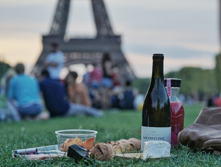 Bottle of wine during a picnic under the Eiffel Tower in Paris, France