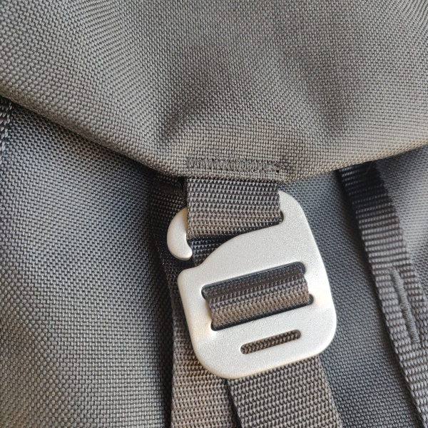 Topo Designs charcoal Mountain Pack with metal G-hook closure system