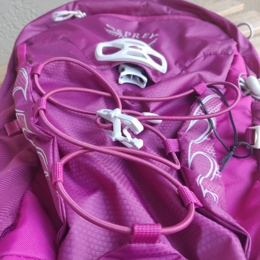 front panel bugnee webbing Osprey Tempest 8 women's hiking backpack in "Magnificent Magenta" colorway