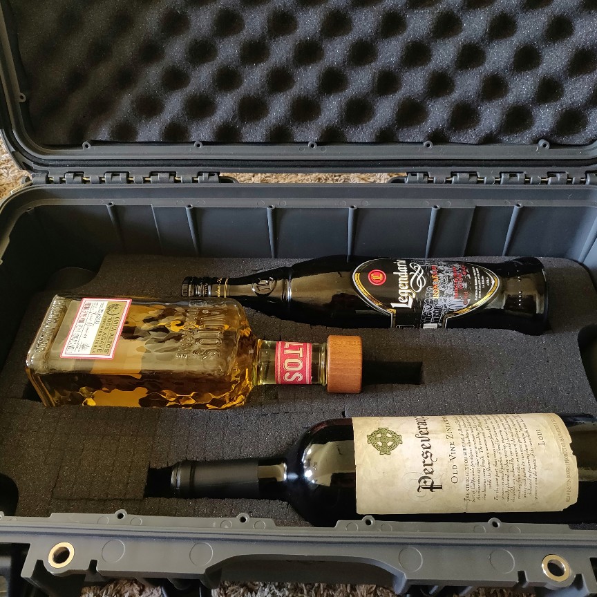 wine and liquor bottles stored in bag