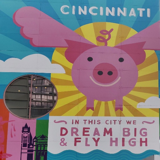 street mural of flying pig