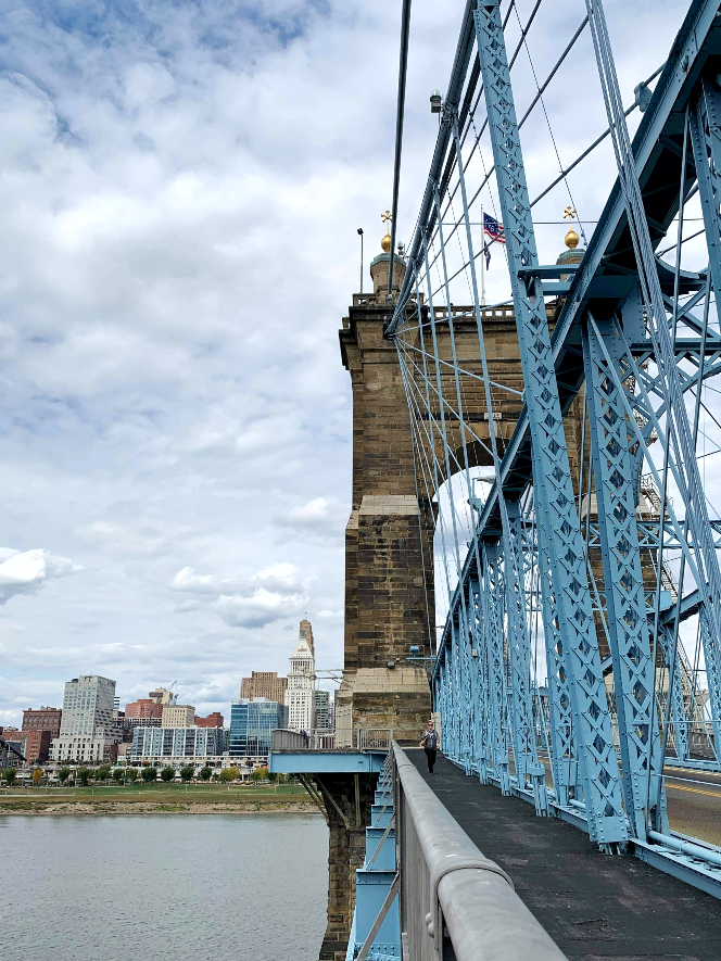 Suspension bridge with downtown Cincinnati in background