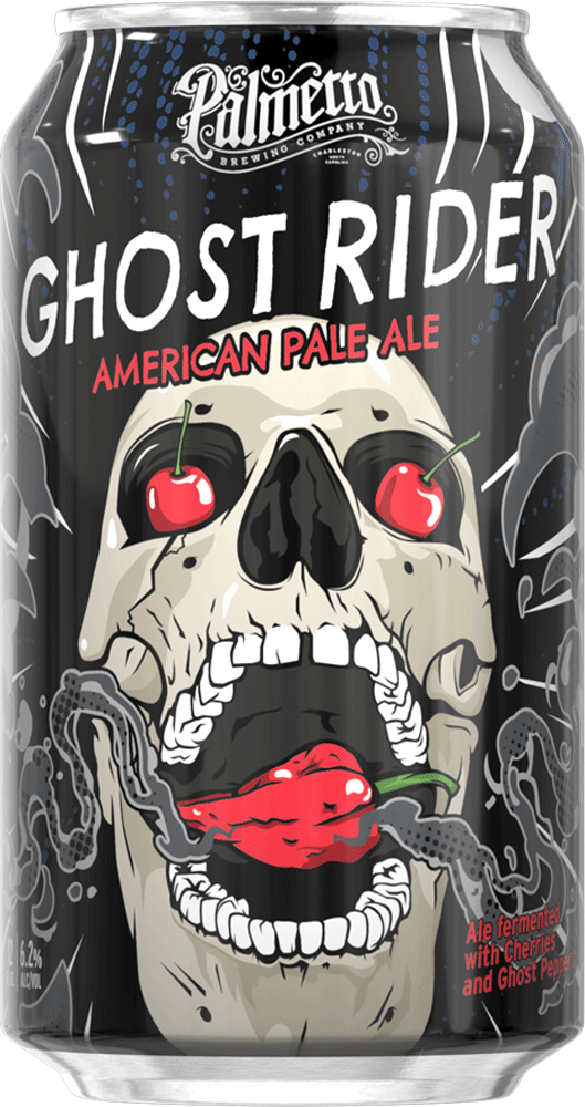 Ghost Rider Pale Ale can art: skull with cherries for eyes and a ghost pepper in its mouth