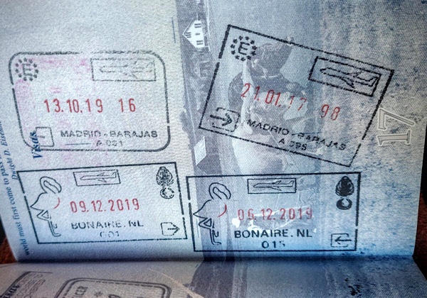 American passport with stamps from Bonaire & Spain