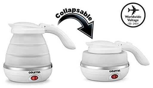 a before & after picture of the Gourmia GK320 kettle fully expanded & partially collapsed