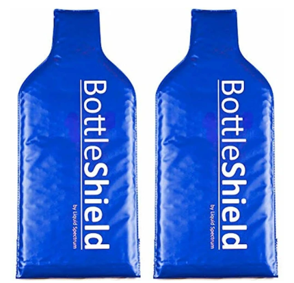 pair of bubble-skin BottleShields to protect wine bottles during travel