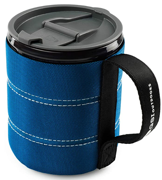 canvas wrapped travel coffee mug with fabric loop handle