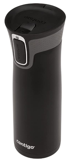 black travel mug with locking lid to prevent spills