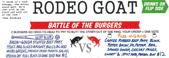 Battle of the Burgers menu: Geoff Blum burger (bacon + gouda-stuffed beef patty, feges BBQ sliced brisket, Bull's Blood micro greens, French fried potato salad, opening day aioli, and black sesame bun) versus the Rise-N-Gring burger (coffee-rubbed beef patty, black pepper bacon, Dr. Pepper BBQ, smoked gouda, chicory frisee, sweet & spicy mayo, and a pretzel bun)