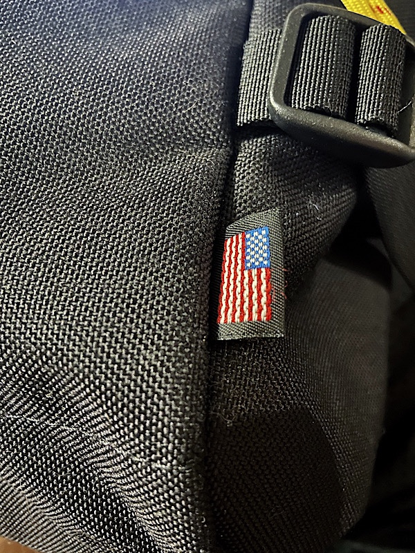 American flag tag on the front of our Topo Designs Rover Pack