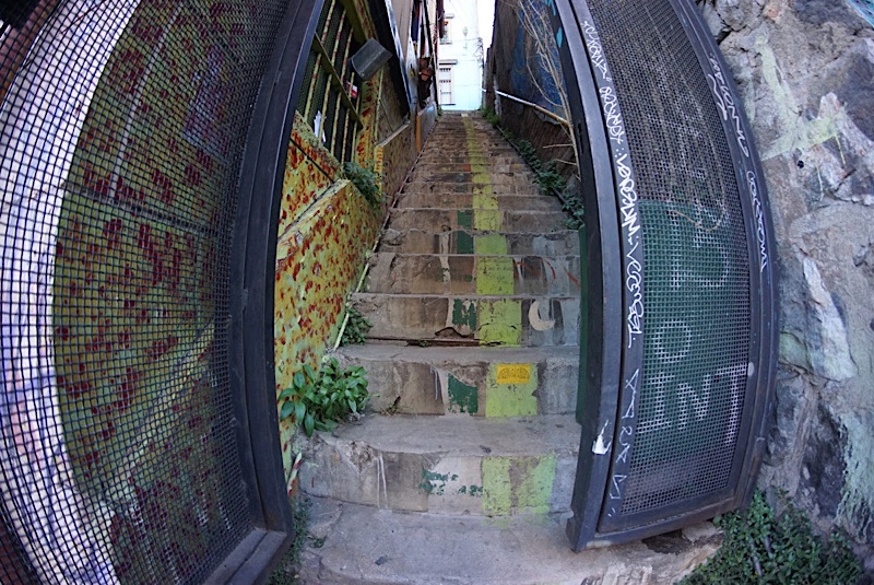 Fisheye picture of stairs with graffiti