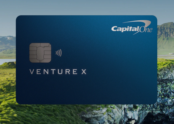 Foreground features blue Venture X credit card; background is a green cliff overlooking a body of water