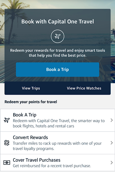 screenshot of Capital One Travel Portal app's welcome screen