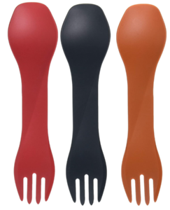three hybrid utensils in red, black, and orange. One side has a spoon and the other has a spork.