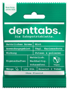 green bag with German writing explaining the benefits of denttabs