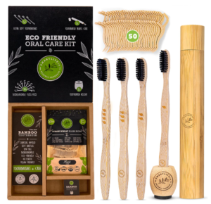 set of 4 bamboo brushes along with a single travel case, 50 wooden dental pics, and sustainable dental floss