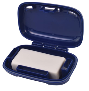 plastic blue ventilated clamshell case to carry a bar of soap