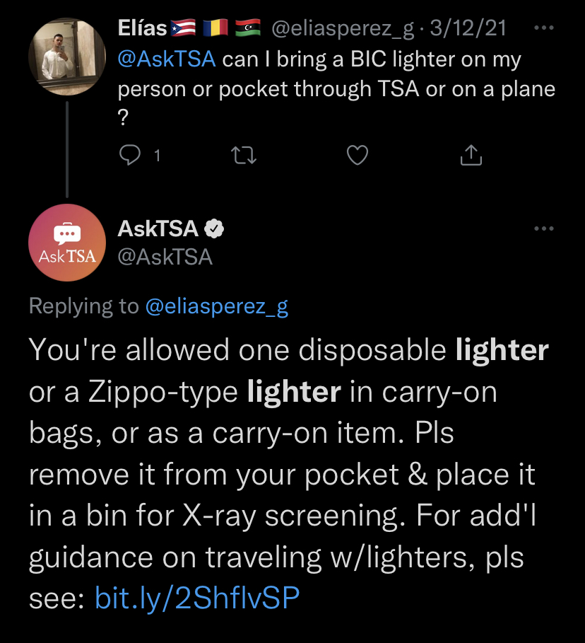 AskTSA Twitter account confirming that la passenger can bring a Bic-style lighter through a security checkpoint 