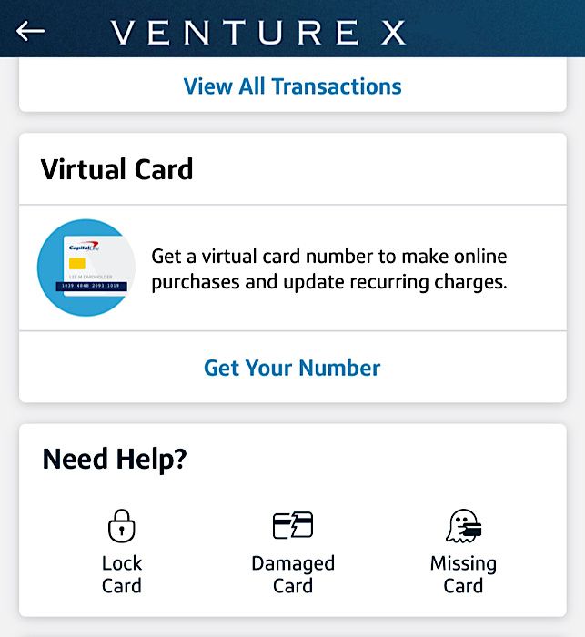 Capital One app screenshot with a button that reads "Get Your Number" under a section titled "Virtual Card"